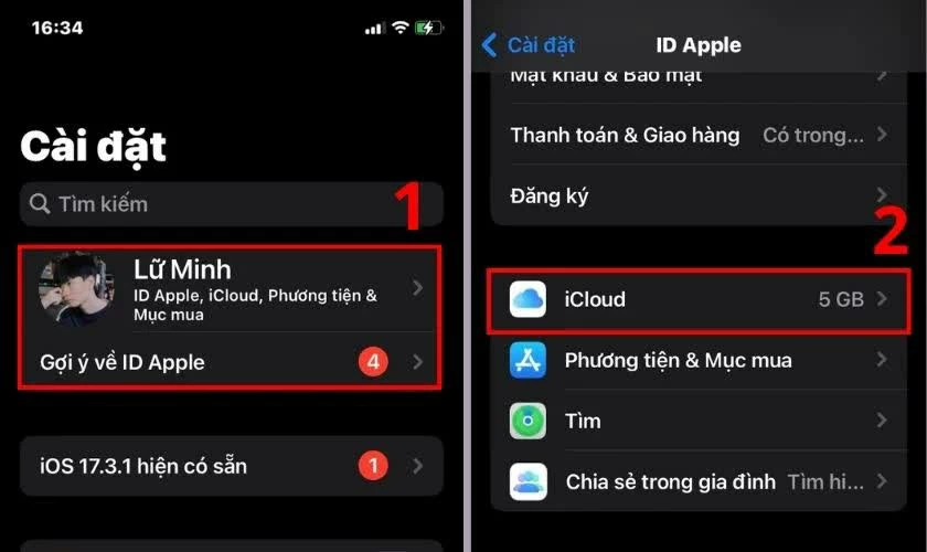 Nhấn vào ID Apple → chọn iCloud.