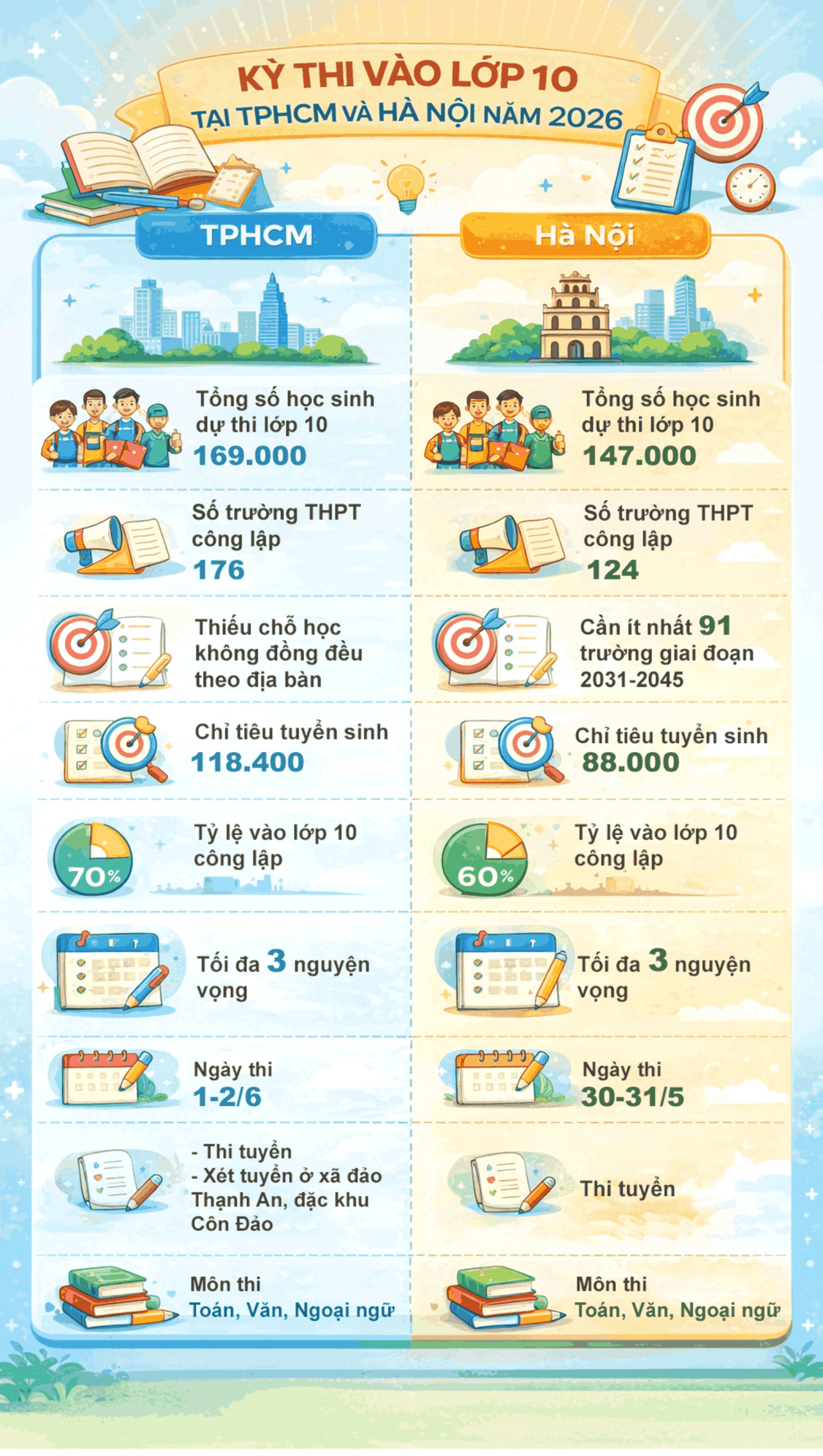 Toàn cảnh thông tin tuyển sinh vào lớp 10 tại Hà Nội và TP. Hồ Chí Minh năm 2026 Toàn cảnh thông tin tuyển sinh vào lớp 10 tại Hà Nội và TP. Hồ Chí Minh năm 2026
