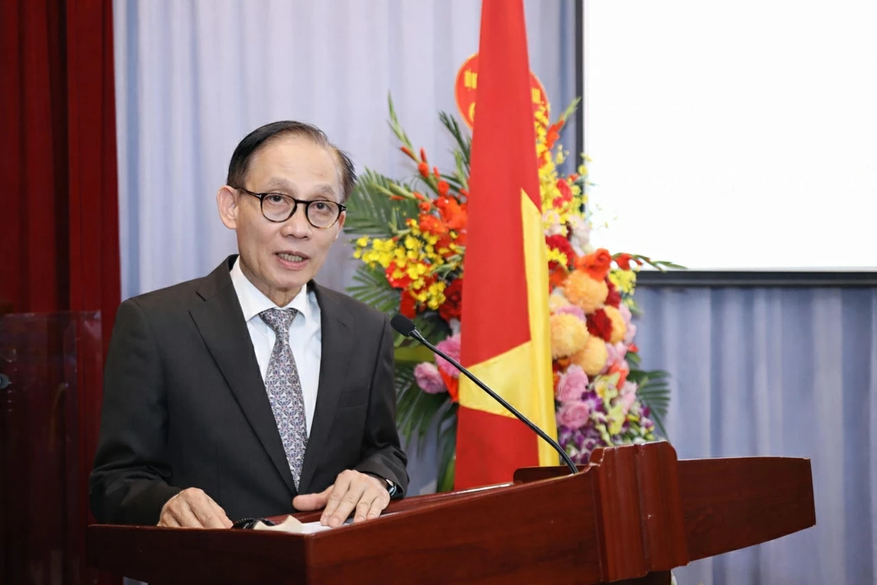 Ủy viên Bộ Chính trị, Bí thư Đảng ủy, Bộ trưởng Ngoại giao Lê Hoài Trung phát biểu tại buổi lễ. (Ảnh: Thành Long)
