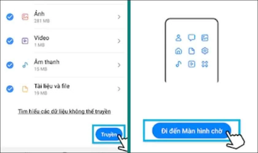 Chọn các loại dữ liệu muốn chuyển như danh bạ, hình ảnh, ứng dụng… Chọn các loại dữ liệu muốn chuyển như danh bạ, hình ảnh, ứng dụng…