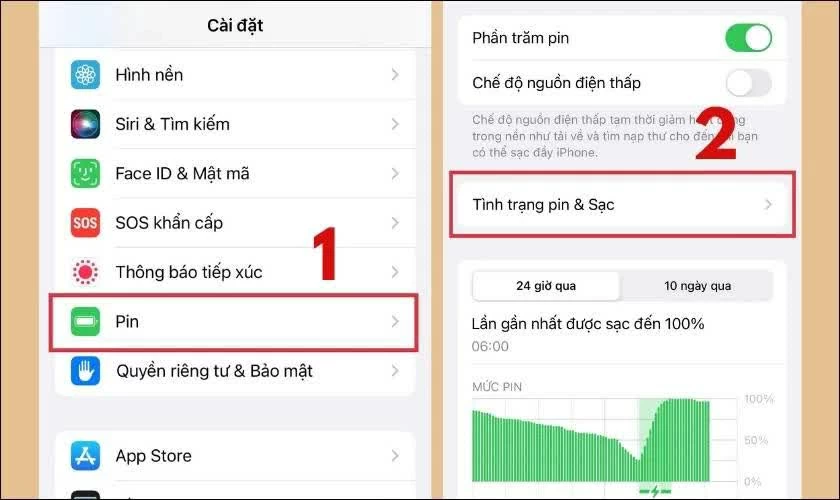 Truy cập Cài đặt → Pin → Tình trạng pin & Sạc.