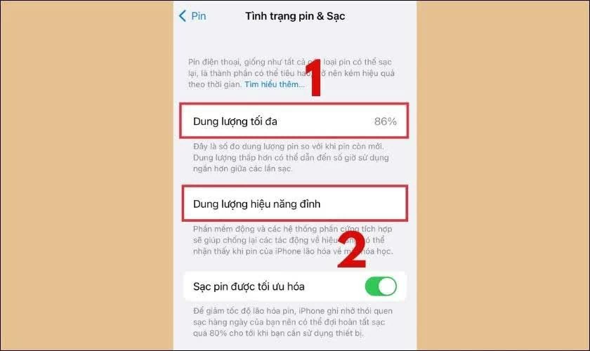 Tại đây, hãy xem thông số Dung lượng tối đa để biết mức pin còn lại của thiết bị.