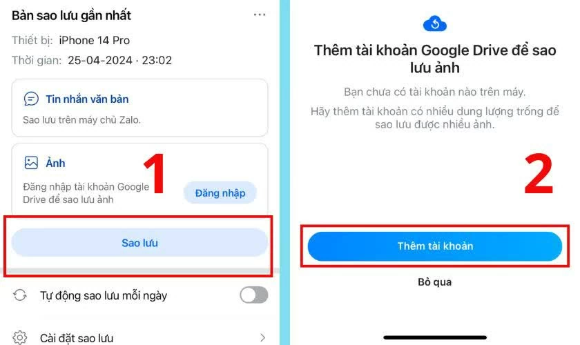 Hệ thống sẽ hiển thị thông tin bản sao lưu gần nhất.