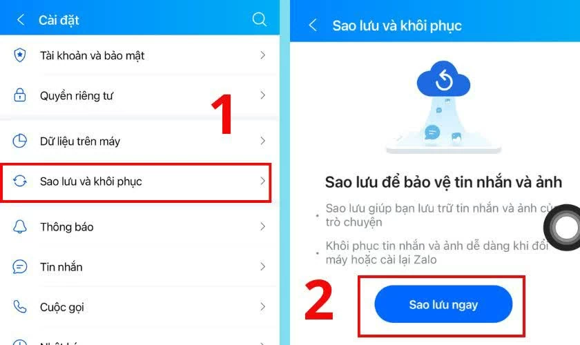 Chọn Sao lưu & khôi phục, rồi nhấn Sao lưu ngay.