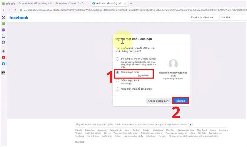 Hệ thống sẽ gợi ý các phương thức nhận mã xác minh.