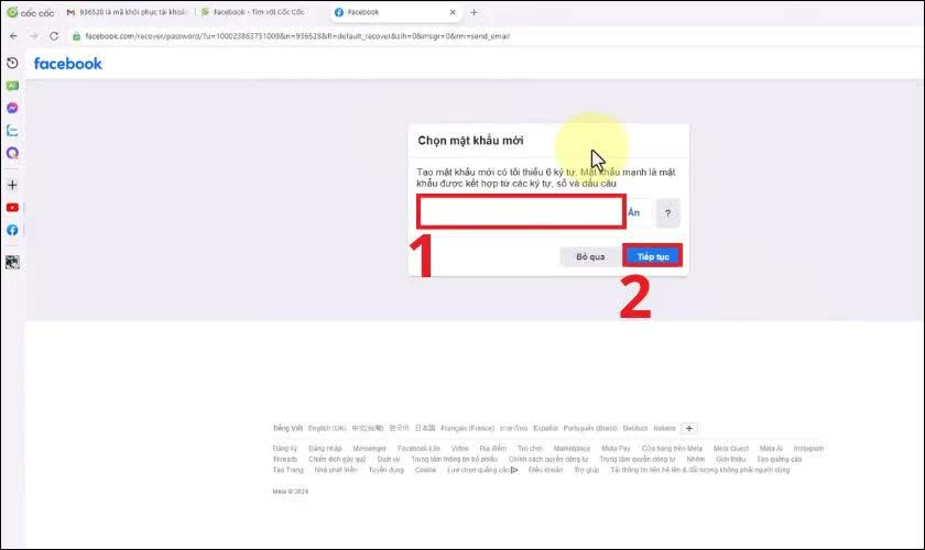 Nhập mật khẩu mới (tối thiểu 6 ký tự) rồi chọn Tiếp tục để hoàn tất việc đặt lại mật khẩu.