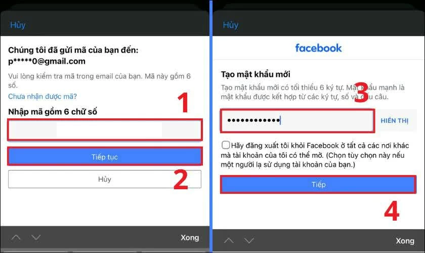 Kiểm tra email hoặc tin nhắn, nhập mã xác nhận 6 số.