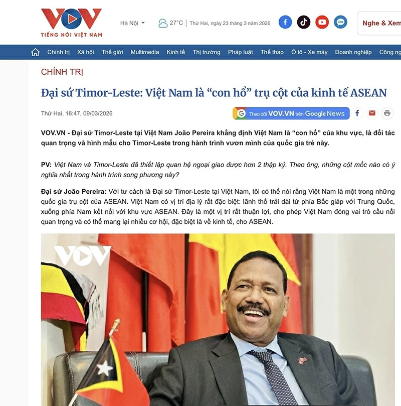 Một bài phỏng vấn kỳ công Ngài João Pereira, bạn của cậu và là Đại Sứ Timor-Leste tại Việt Nam được đăng trên báo Điện Tử VOV do cậu thực hiện. (Ảnh chụp màn hình)