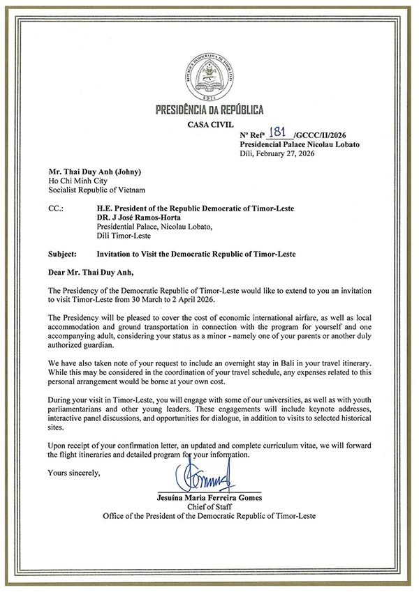 Thư mời theo quyết định số 181/GCCC/II/2026 do Chánh Văn Phòng Tổng Thống Timor-Leste ký về quyết định mời Cậu có chuyến thăm chính thức đến Dili. (Ảnh từ Phủ Tổng Thống)