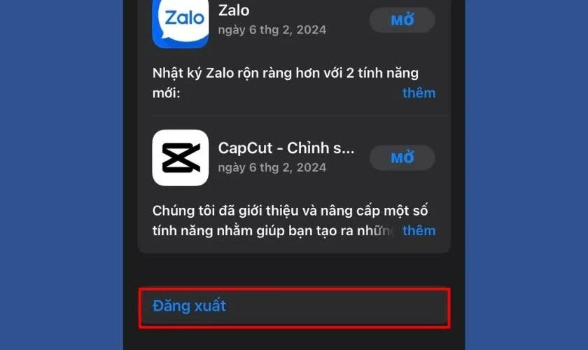 Kéo xuống cuối trang và chọn Đăng xuất để thoát tài khoản ID Apple khỏi App Store. Kéo xuống cuối trang và chọn Đăng xuất để thoát tài khoản ID Apple khỏi App Store.