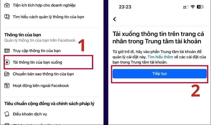 Kéo xuống mục Thông tin của bạn, chọn Tải thông tin của bạn xuống và bấm Tiếp tục. Kéo xuống mục Thông tin của bạn, chọn Tải thông tin của bạn xuống và bấm Tiếp tục.