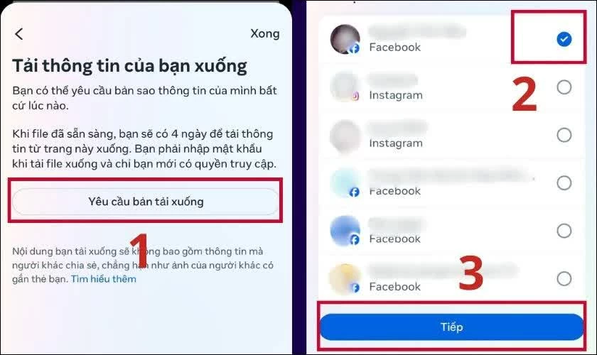 Chọn Yêu cầu bản tải xuống, đánh dấu vào tài khoản Facebook.