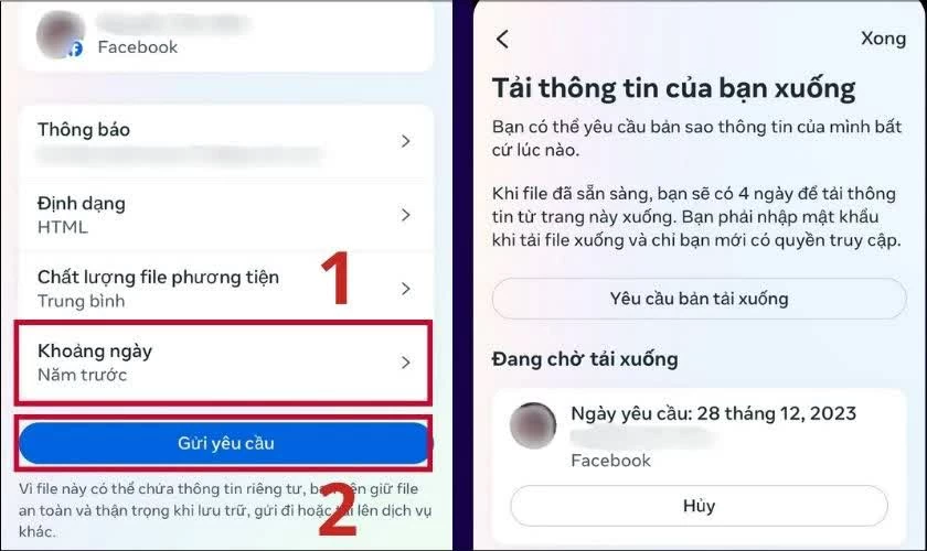 Chọn khoảng thời gian chứa tin nhắn cần lấy lại rồi nhấn Gửi yêu cầu. 