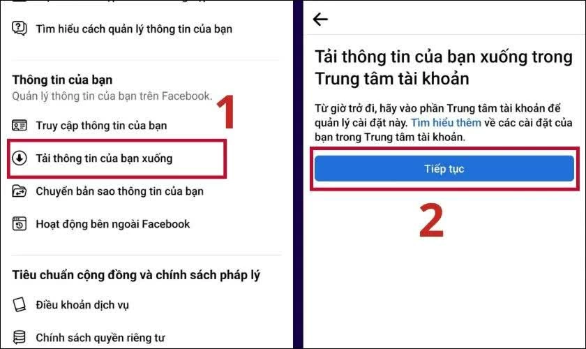 Kéo xuống mục Thông tin của bạn, chọn Tải thông tin của bạn xuống và nhấn Tiếp tục. Kéo xuống mục Thông tin của bạn, chọn Tải thông tin của bạn xuống và nhấn Tiếp tục.