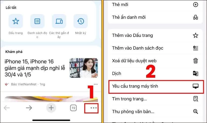 Nhấn biểu tượng ba chấm ở góc dưới màn hình, chọn Yêu cầu trang web cho máy tính. Nhấn biểu tượng ba chấm ở góc dưới màn hình, chọn Yêu cầu trang web cho máy tính.