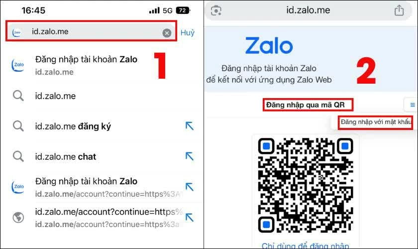 Truy cập id.zalo.me, sau đó đăng nhập bằng mã QR hoặc số điện thoại.