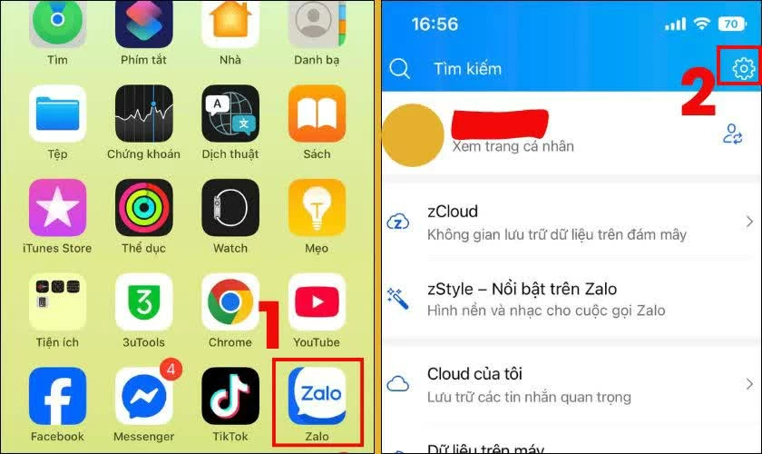 Mở Zalo trên iPhone, vào tab Cá nhân và chọn Cài đặt (biểu tượng bánh răng). Mở Zalo trên iPhone, vào tab Cá nhân và chọn Cài đặt (biểu tượng bánh răng).