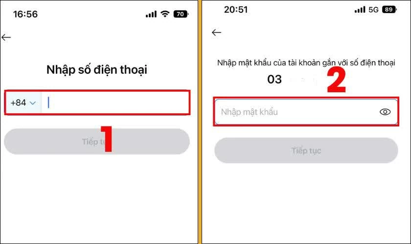 Nhập số điện thoại và mật khẩu của tài khoản Zalo thứ hai để đăng nhập.