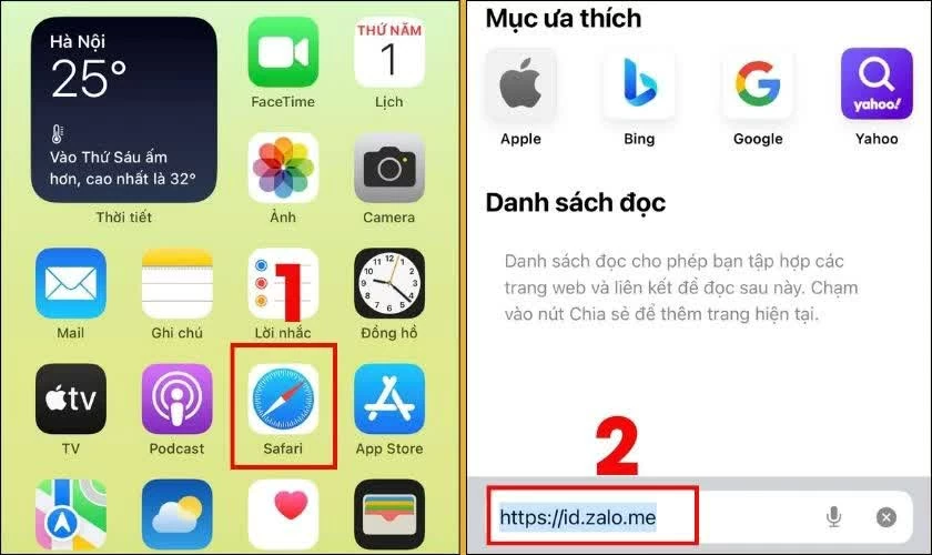 Mở trình duyệt Safari trên iPhone và truy cập vào id.zalo.me. Mở trình duyệt Safari trên iPhone và truy cập vào id.zalo.me.