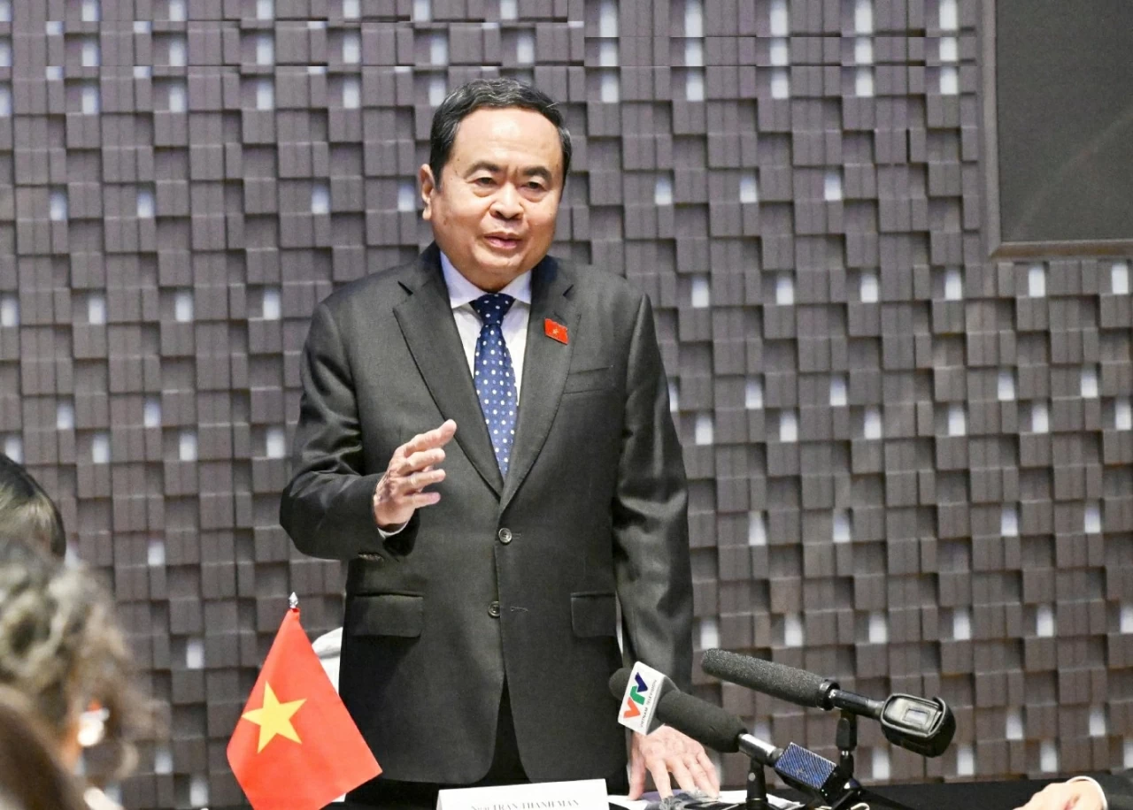 Chủ tịch Quốc hội Trần Thanh Mẫn phát biểu tại cuộc gặp. (Nguồn: TTXVN)