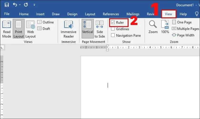 Mở Word, vào tab View và tích chọn Ruler để hiển thị thanh thước.