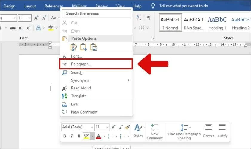 Mở file Word, tại thanh công cụ chọn mục Paragraph. Mở file Word, tại thanh công cụ chọn mục Paragraph.
