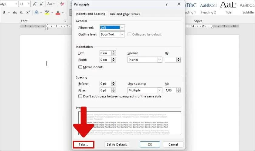 Trong cửa sổ hiện ra, nhấn vào Tabs ở góc dưới bên trái.