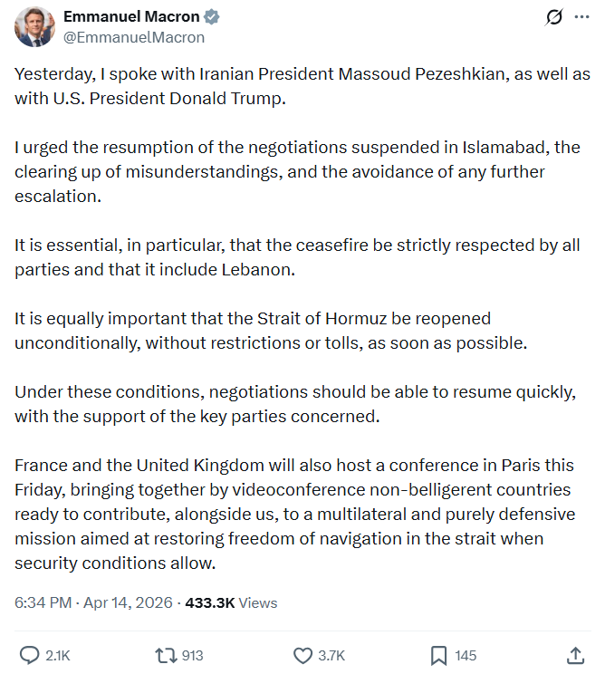 Thông điệp kêu gọi phía Mỹ và Iran sắp quay trở lại bàn đám phán của Tổng thống Pháp. (Ảnh chụp màn hình) Thông điệp kêu gọi phía Mỹ và Iran sắp quay trở lại bàn đám phán của Tổng thống Pháp. (Ảnh chụp màn hình)