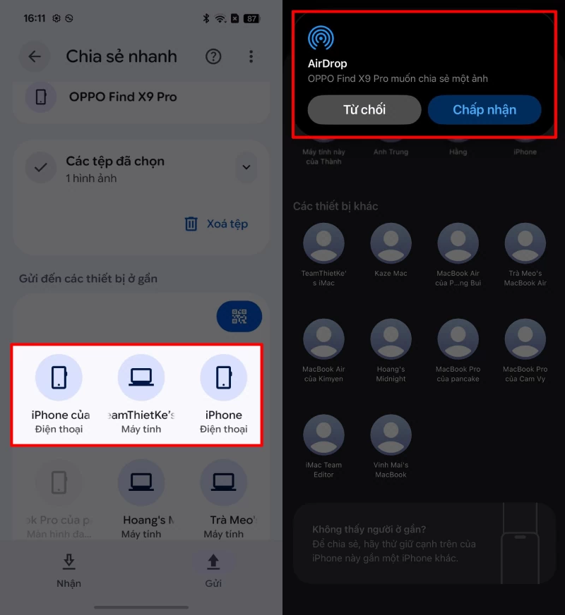 Khi tên iPhone hoặc MacBook xuất hiện trên màn hình OPPO.