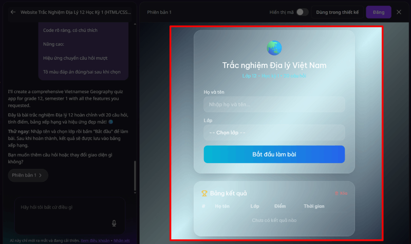 Khi website được tạo xong, hãy trải nghiệm trực tiếp để kiểm tra các câu hỏi, đáp án.