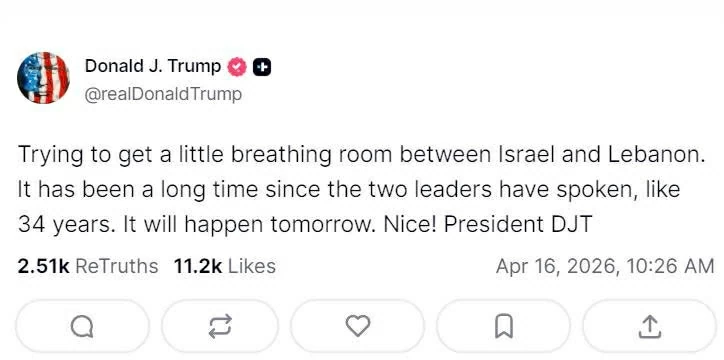 Trong thông điệp đăng trên nền tảng Truth Social, Tổng thống Trump tiết lộ về cuộc gặp giữa các nhà lãnh đạo của Lebanon và Israel. (Ảnh chụp màn hình) Trong thông điệp đăng trên nền tảng Truth Social, Tổng thống Trump tiết lộ về cuộc gặp giữa các nhà lãnh đạo của Lebanon và Israel. (Ảnh chụp màn hình)