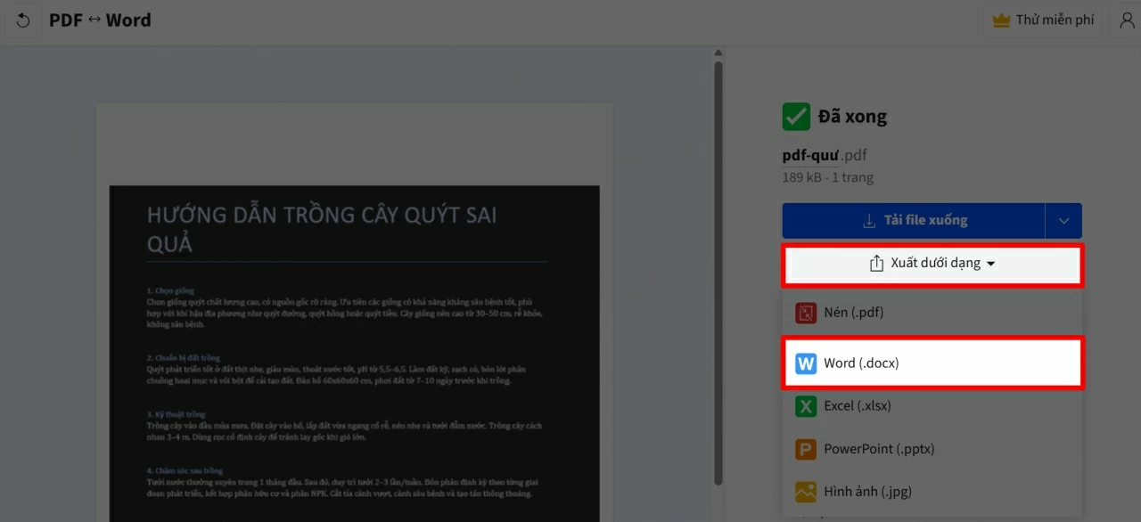 Khi quá trình hoàn tất, chọn mục Xuất dưới dạng.