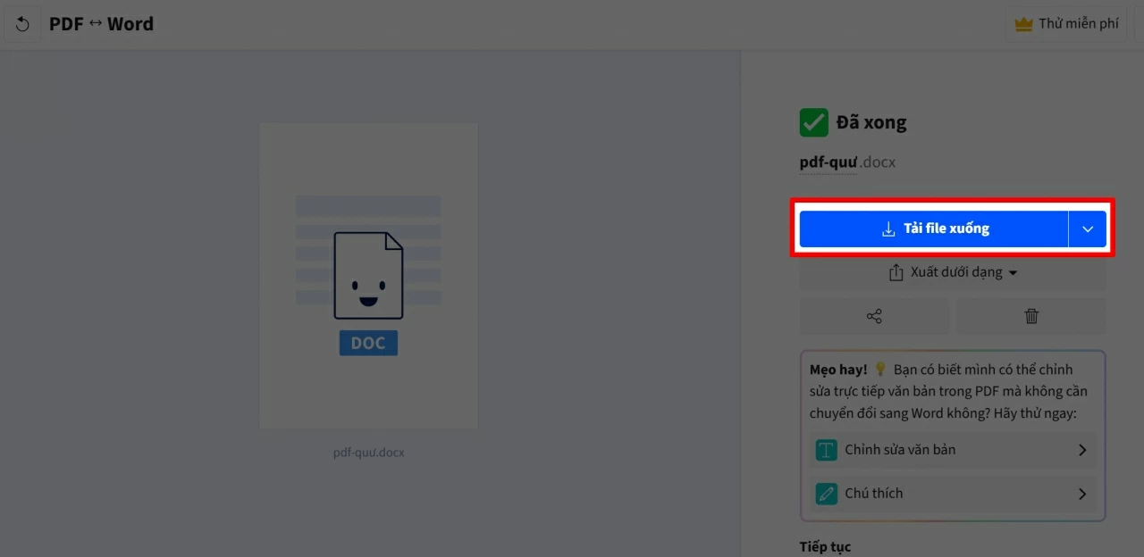 Cuối cùng, bấm Tải xuống để lưu file Word về thiết bị.