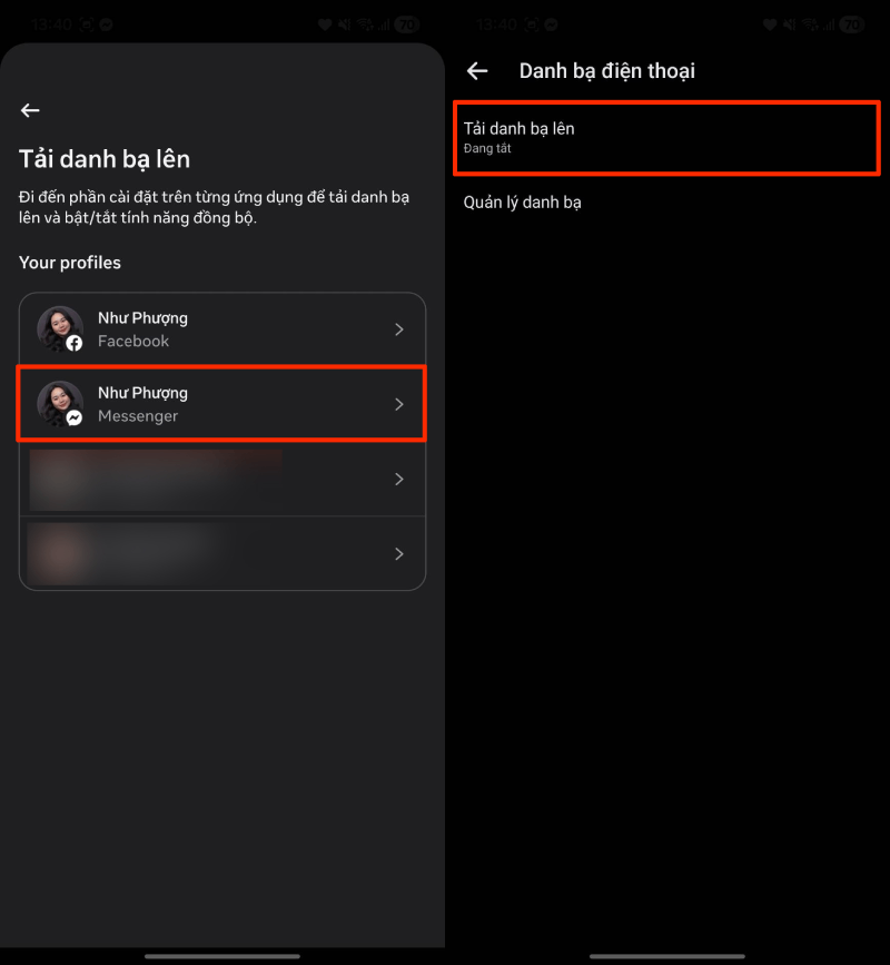 Chọn đúng tài khoản Messenger bạn đang sử dụng.