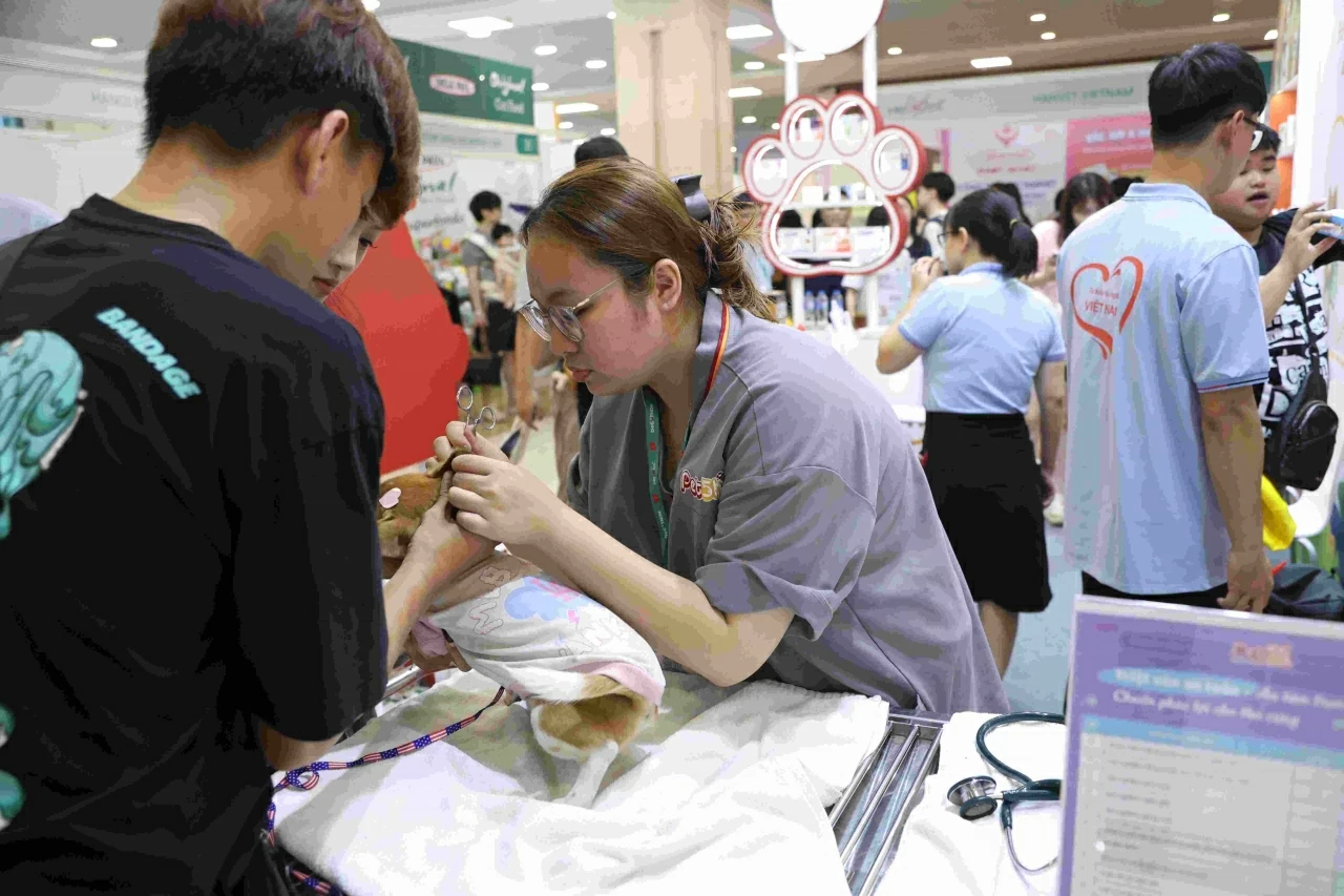Hoạt động thăm khám sức khỏe cho thú cưng tại InterPetFest 2026. (Ảnh: Phương Linh)