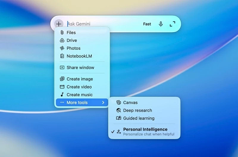 Giao diện menu nhập liệu truy cập nhanh của Gemini cho Mac.