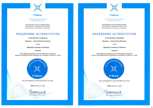Chứng nhận kiểm định FIBAA cho chương trình đào tạo Cử nhân Kinh tế quốc tế và Kinh doanh quốc tế. (Nguồn: Học viện Ngoại giao)