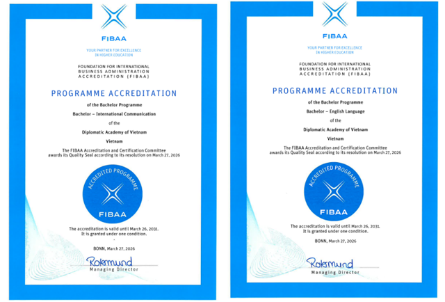 Chứng nhận kiểm định FIBAA cho chương trình đào tạo Cử nhân Truyền thông quốc tế và Ngôn ngữ Anh. (Nguồn: Học viện Ngoại giao)