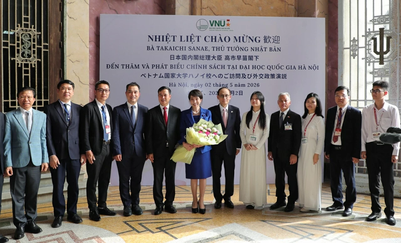 Chiều 2/5, Thủ tướng Nhật Bản Takaichi Sanae tới thăm và phát biểu chính sách đối ngoại của Nhật Bản tại Đại học Quốc gia Hà Nội. (Nguồn: 