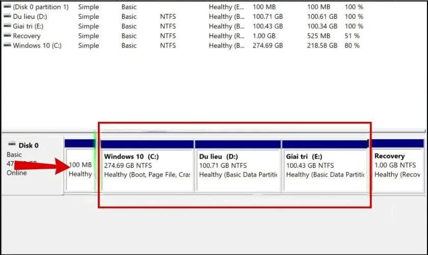 Tại giao diện Disk Management, bạn sẽ thấy các phân vùng ổ đĩa.