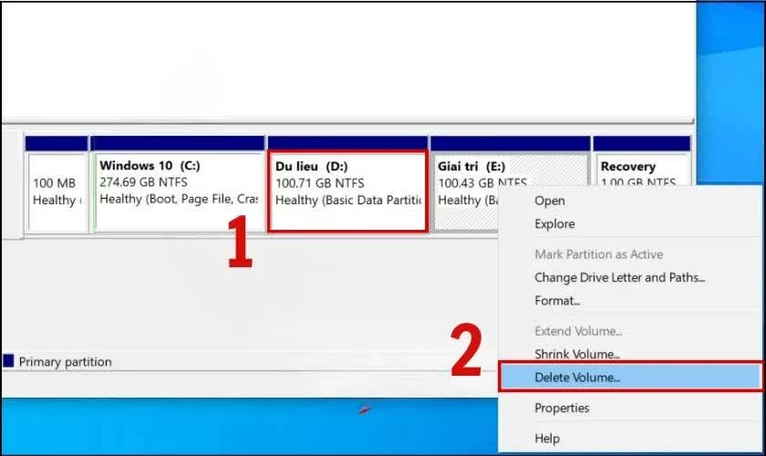 Nhấp chuột phải vào ổ D và chọn Delete Volume.