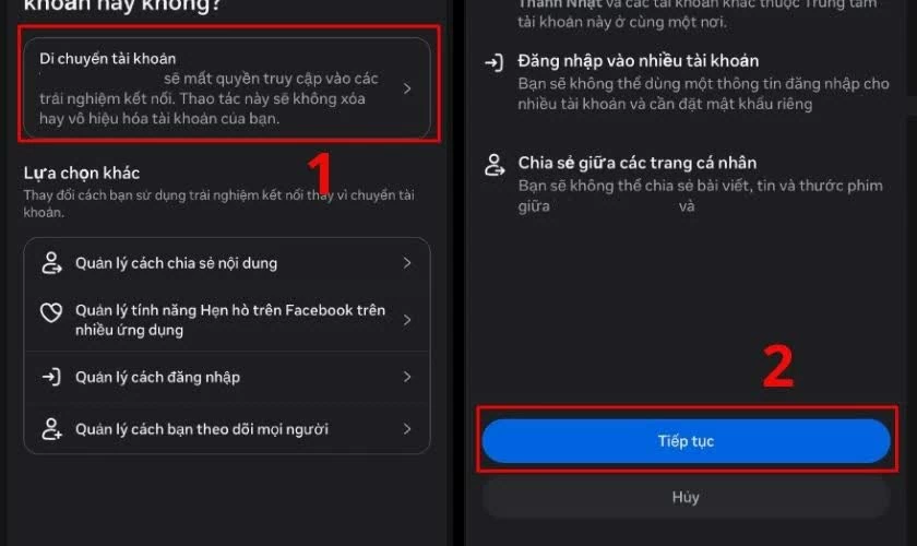 Bạn chọn “Di chuyển tài khoản” rồi nhấn “Tiếp tục”.