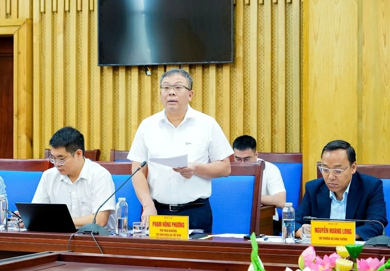 Phó Tổng giám đốc EVN Phạm Hồng Phương báo cáo tại buổi làm việc. (Nguồn: Báo Nghệ An)