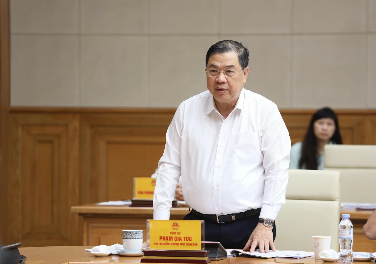 Ủy viên Bộ Chính trị, Phó Bí thư Thường trực Đảng ủy Chính phủ, Phó Thủ tướng Thường trực Chính phủ Phạm Gia Túc phát biểu tại buổi làm việc. (Ảnh: Thành Long)