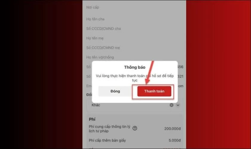 Kiểm tra lệ phí cần thanh toán.