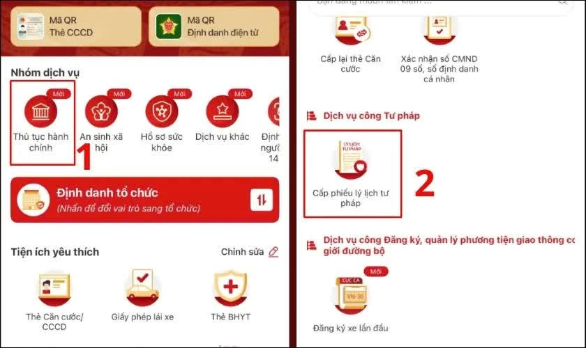 Mở VNeID và chọn dịch vụ cấp lý lịch tư pháp.