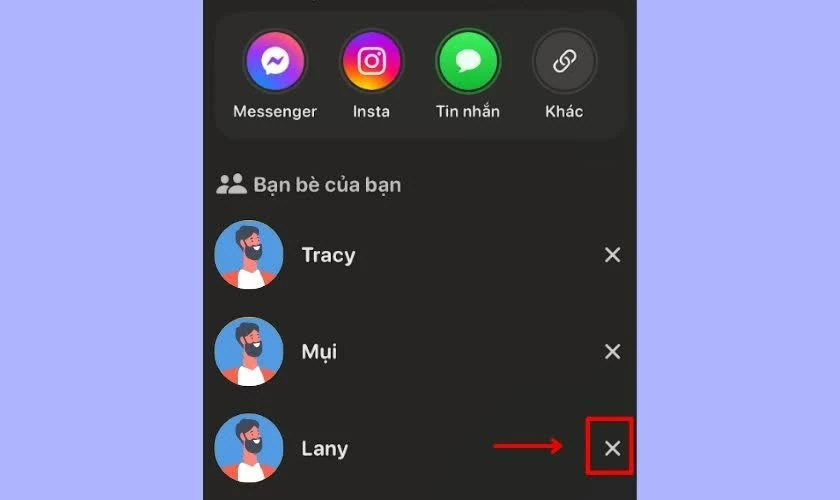 Ttìm tài khoản muốn hủy kết bạn rồi nhấn vào biểu tượng dấu “X”.