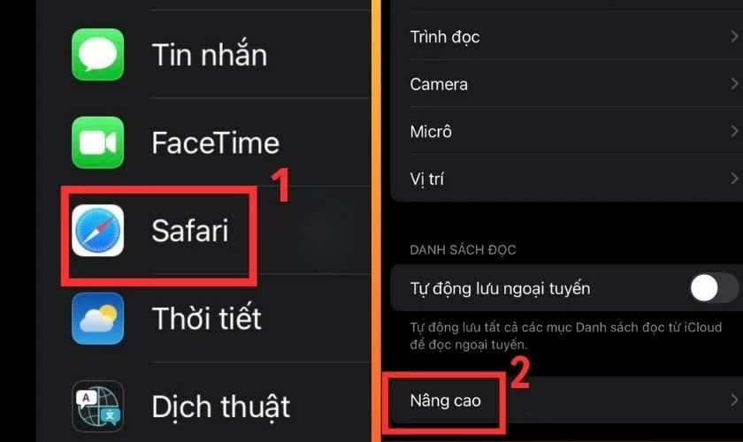 Kéo xuống và chọn mục “Safari”, sau đó tiếp tục nhấn vào “Nâng cao”.