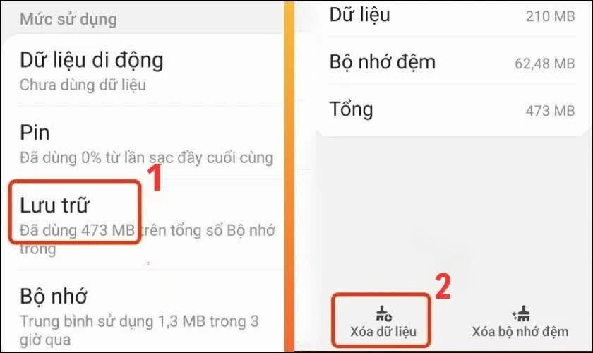 Chọn mục “Lưu trữ”, rồi nhấn “Xóa dữ liệu”.