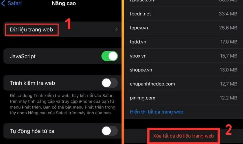 Chọn “Dữ liệu trang web”, rồi nhấn “Xóa tất cả dữ liệu trang web”.